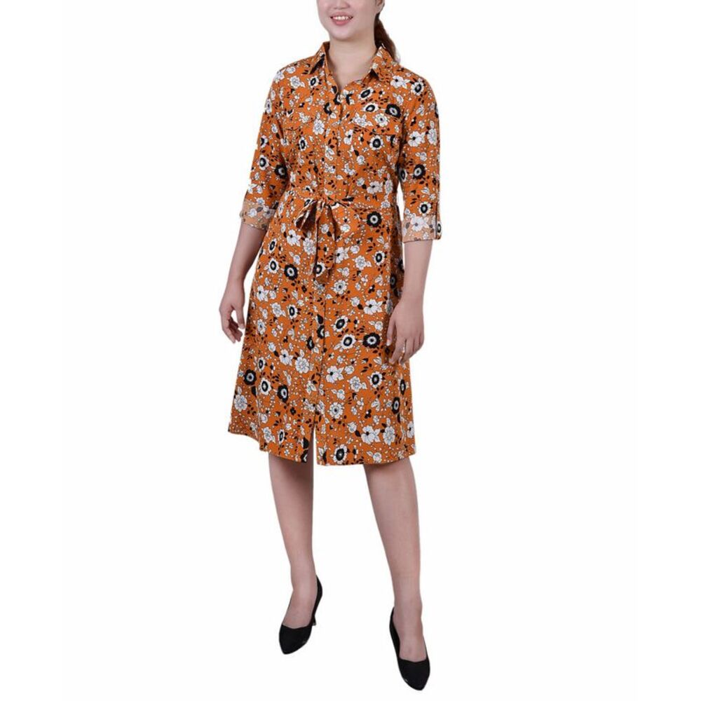 NY Collection Petite Printed Long Sleeve Roll Tab Shirtdress